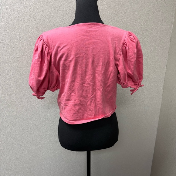 Free People Pink Tie Front Crop Top Puff Sleeve Boho Summer Festival Tee - Picture 6 of 13